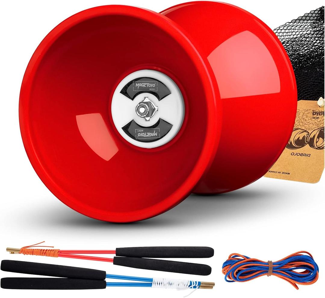 MAGICYOYO Diabolo Pro Triple Bearing, High Performance Red Chinese Yoyo Ball Toy Medium Size 5' with Extra 2 Pair Carbon Sticks + 1 Net Bag + 2 Diabolo Strings, Ideal Gift for Kids & Adults