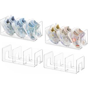 HBlife Widened 4.17 Inch Clear Acrylic Kids Shoe Rack for Closet Organizers and Storage, Small Shoe Rack 3 Sections Toddler Baby Shoe Storage Organizer Shelf, Desk File Book Purse Organizer(4 Pack)