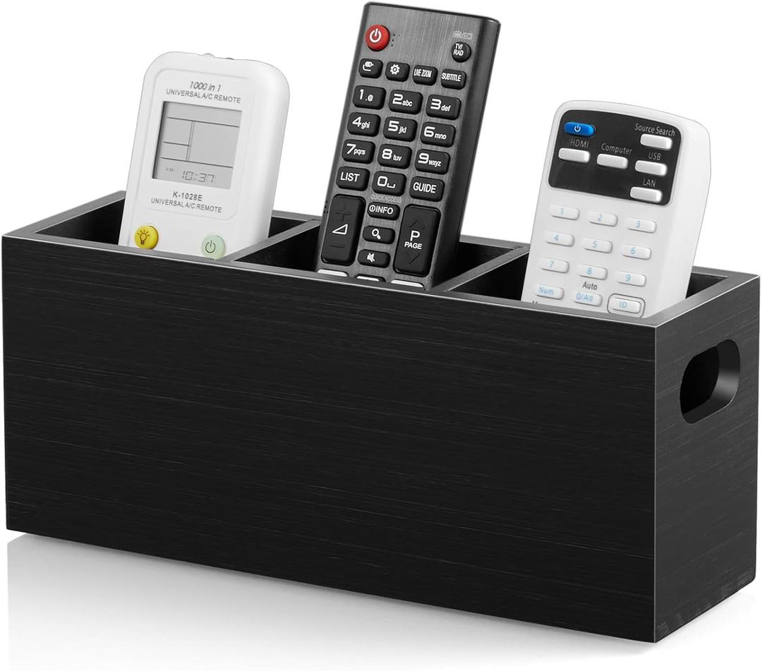 DRASTAR TV Remote Holder, Wall Remote Control Holder, 3 Slots Remote Caddy Wall Mount, Wooden TV Remote Wall Holder, Wall Pen Holder, Black