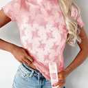 Women's Floral Sheer Mesh Lace Tops Mock Neck Short Sleeve Shirt Sexy See Through Top Y2k Blouses (XXL)