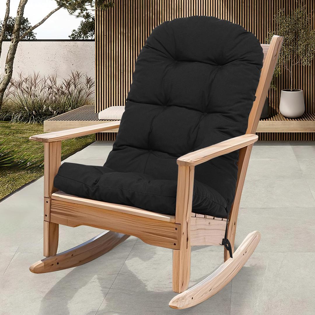 RACE LEAF Black Rocking Chair Cushion 44x19 Inch, Water Resistant Tufted Outdoor Cushion with Elastic Straps Non-Slip Ties Stain Proof Patio Furniture Seat Back Cushion 1-Pack