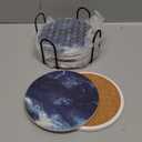 Blue Agate Marble Round Coasters Set of 6 - Abosrbent Ceramic Coasters with Metal Stand for Drinks, Coffee, Non-Slip Cork Back for Tabletop Protection, 4 Inches Marbled Pattern (Dark Marble)
