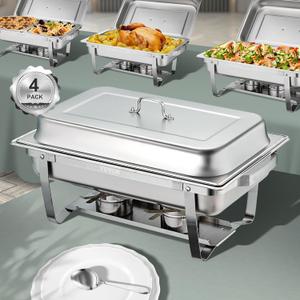 VEVOR Chafing Dish Buffet Set, 8 Qt 4 Pack, Stainless Chafer w/ 4 Full Size Pans, Rectangle Catering Warmer Server w/ Lid Water Pan Folding Stand Fuel Tray Holder Spoon Clip, at Least 8 People Each