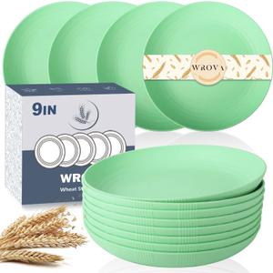 Wheat Straw Plates - 9 Inch Unbreakable Dinner Plates Set of 8 - Dishwasher & Microwave Safe Plastic Plates Reusable for Kitchen and Camping (Light Green)