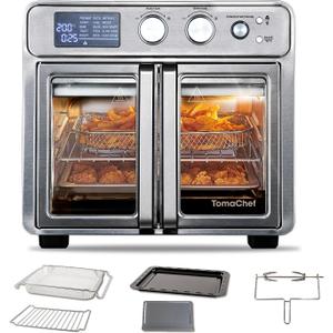 TomaChef 26QT French Door Air Fryer Toaster Oven Combo, 15 Cooking Functions including Rotisserie, and Digital Controls, 30 Recipes & 5 Accessories, Stainless Steel Finish, Medium
