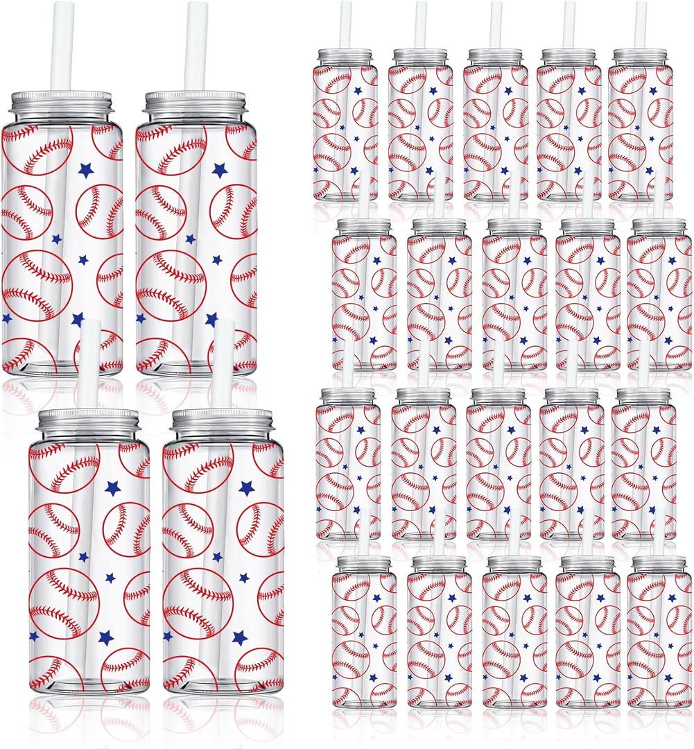 Whaline 20Pcs Baseball Plastic Cups with Lids and Straws Clear Sports Theme Party Drinking Cups 13.5oz Reusable Tumblers for Party Supplies