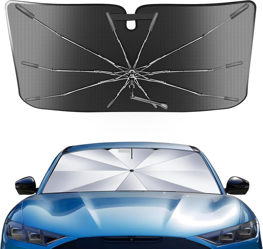 Portable Ford Mustang Mach-E 2021-2026 Windshield Sunshade Umbrella with Carry Bag, 2 in1 Ice Crystal Durable Compact Shade Umbrella UPF50+ UV Front Window Heat Insulation Protection Outdoor Camping