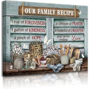 lkjhgf999 Kitchen Canvas Wall Art Retro Rustic Farmhouse Kitchen Pictures Wall Decor Tableware Motivational Farm Kitchen Sign Family Recipe Theme Canvas Prints Artwork for Dining Room Home Decoration (16"L x 24"W)