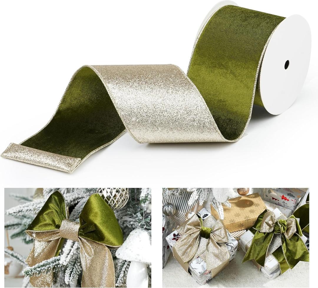 Moss Velvet Wired Ribbon with Glitter Back 4 Inch Green and Gold Christmas Ribbon Wired Olive Ribbon for Christmas Tree, Gift Wrapping, Crafts, Wreaths Supplies, Topper Bows (10 Yards)