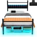 Twin Bed Frames with LED Lights & Charging Station - Metal Platform Bed Frame with Under Bed Storage - Heavy Duty Steel Slats/Upholstered Headboard/Noise-Free/No Box Spring Needed/Easy Assembly/Black