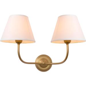 Vintage 2-Lights Fabric Sconces Wall Lighting with White Cloth Shade, Double Arm Wall Lamp Fixture for Living Room Bathroom Bedroom Hallway