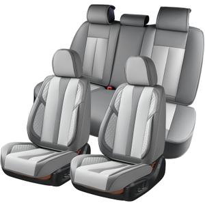 KEYOOG 5-Seater Car Seat Covers Full Set Waterproof and Breathable Nappa Leather, Fit for Front and Rear Seats of Cars, Compatible with Airbags, Car Seat Protector Covers for Most Cars - Light Gray