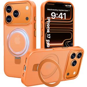 Compatible with iPhone 17 Pro Case with Magnetic Ring Stand, Military Drop Protection, Anti-Scratch/Anti-Fingerprint Translucent Matte iPhone Case for iPhone 17 Pro (Orange)