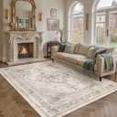 PureCozy Area Rug 8x10 Beige Washable Living Room Carpet Non Slip Vintage Medallion Indoor Bedroom Carpet Low Pile Soft Retro Distressed Large Rug Home Office Dining Room Playroom