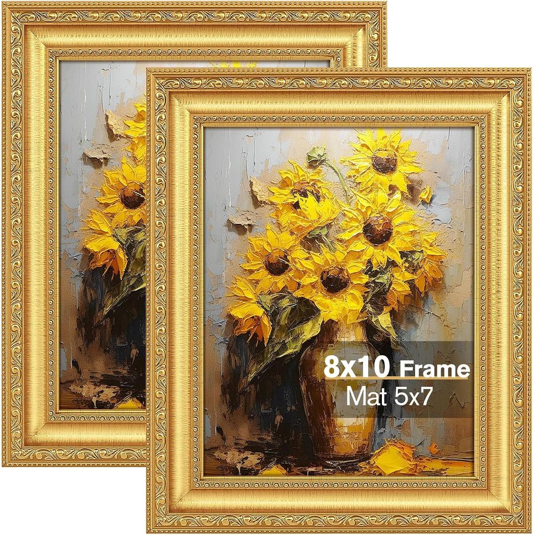 8x10 Gold Picture Frame Set of 2, Ornate Vintage 8 x 10 Photo Frame for Wall Decor or Tabletop Display, 8x10 Gold Frames with Real Glass, Display 5x7 Pictures with Mat or 8x 10 without Mat for Antique Dco
