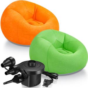 Realspring 2 Pcs Inflatable Bean Bag Chairs with Electric Air Pump Outdoor Blow up Chair Inflatable Lazy Sofa Folding Portable Loungers Couch for Living Room Bedroom(Orange, Green)