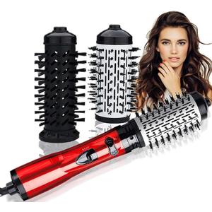 3 in 1 Hot Air Styler and Rotating Hair Dryer Hair Dryer and Blow Dryer Brush in One 2 Interchangeable Brushes for Dry and Wet Hair, Auto Rotating Curling Hot Hair Brush (Red)