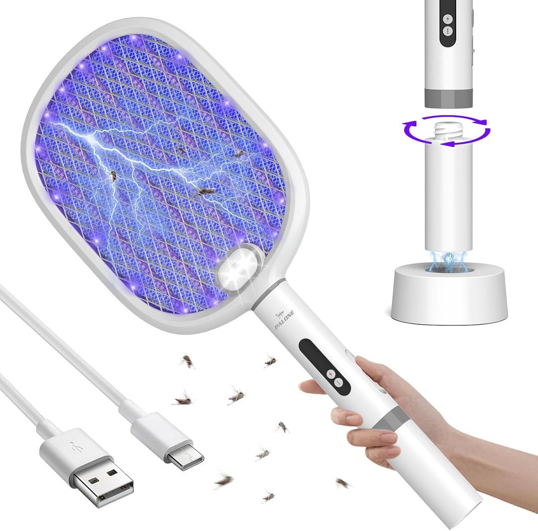 PALONE Electric Fly Swatter, Bug Zapper Racket with Light, Type-C Rechargeable Mosquito Swatter, 4000V Detachable Automatic Fly Zapper with Dual Modes, Mosquito Killer for Indoor Outdoor 1 Pack