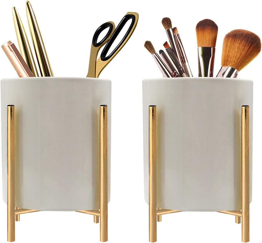 Gold Office Desktop Accessories,pen holder for desk Modern Art Pencil Cup Pot,With Metal Bracket (White)
