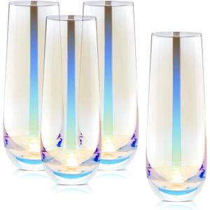Sparkle and Bash Iridescent Stemless Champagne Flutes & Mimosa Glasses, Set of 4-10 Oz Capacity Modern Holographic Drinkware - Finish & Versatile Stemless Wine Glasses