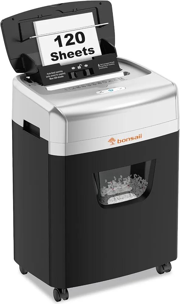 Bonsaii Paper Shredder for Office, 120-Sheet Autofeed Heavy Duty Shredder for Home Office Use, 30 Minutes/Micro Cut/P-4 High Security Level/6 Gallon Large Bin