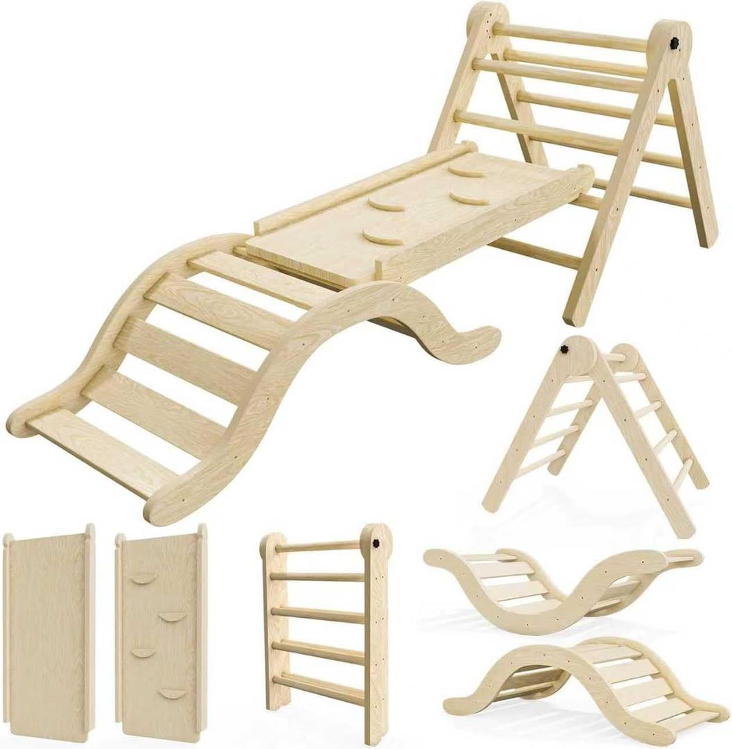 bbgroundgrm Pikler Triangle Set Climber 5 in 1, Toddler Climbing Toys Indoor Folding with Ramp & Arch for Montessori Play Gym for Toddlers and Kids (Natural)(99" Wx21 Dx23 H)