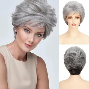 Short Grey Wavy Wig with Bangs for Older Women Synthetic Mixed Gray Curly Wig Natural Fluffy Look Wig for Daily Cosplay Use