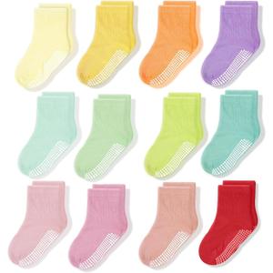 CozyWay Baby & Toddler Socks With Grippers Non Slip Crew Grip Socks for Kids Girls and Boys Soft Comfy Cotton Pink & White - 5-7 Years - 12 Pack