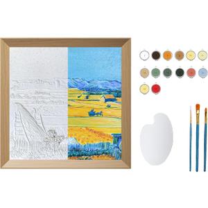 Paint by Numbers for Adults  Van Gogh Wheatfield with Reaper 3D DIY Painting Kit, Framed Canvas Art Set, Acrylic Paints & Brushes Included, Relaxing Home Wall Decor, 13.4 x 13.4 Inches (Harvest)
