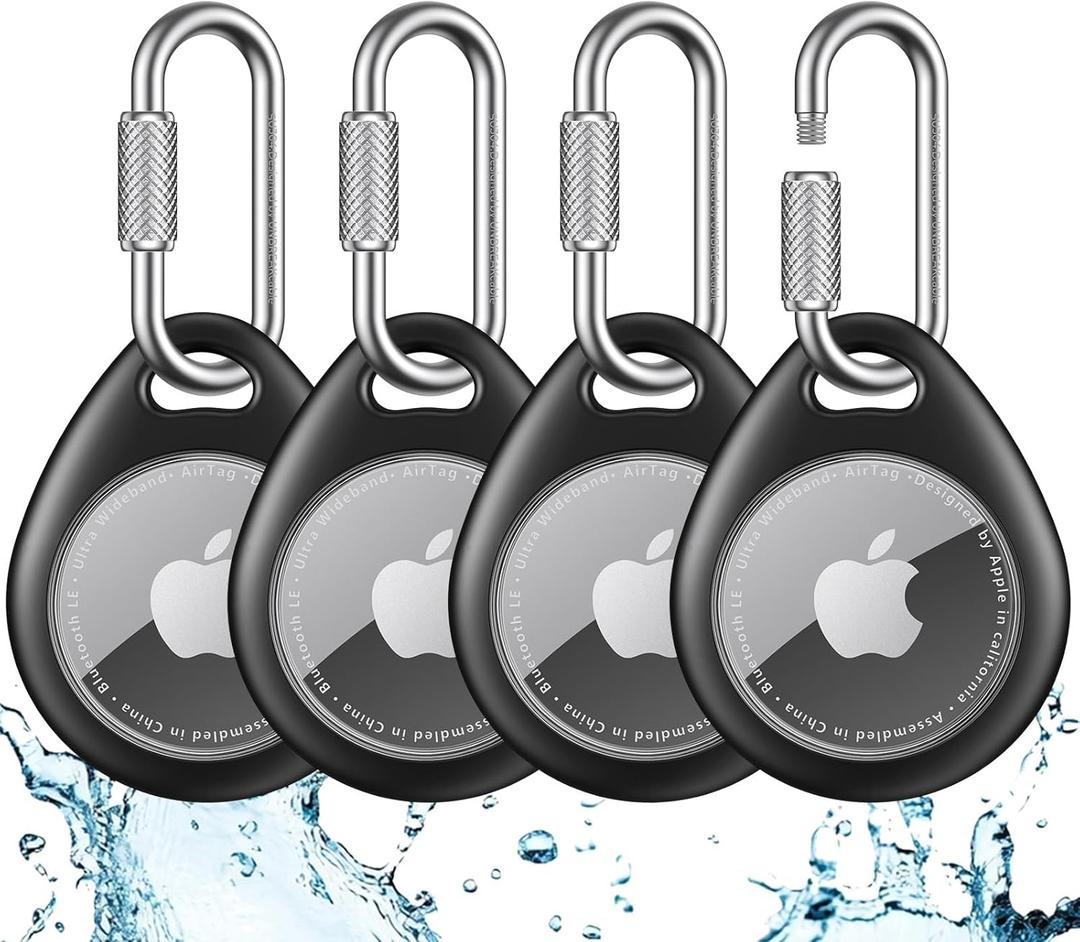 UNBREAKcable AirTag Holder for Apple - 4 Pack Air Tag Case [Professional Carabiner] [Waterproof] [Shockproof] TPU AirTag Keychain for Kids, Pets, Keys, Luggage, Backpacks (All Black)