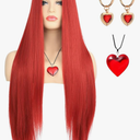 morvaly Womens Long Red Wig with Necklace and Earrings for Queen Costume Middle Part Deep Red Straight Hair Wigs for Adults Halloween Costume Cosplay