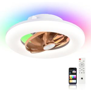 22" Orison 360 Oscillating Ceiling Fan with Light, 18 Rotating Low Profile Flush Mount, Smart RGB Backlight &Dimmable LED, Alexa &Google Compatible,APP/Remote Control, Modern Quiet for Bedroom, Wood