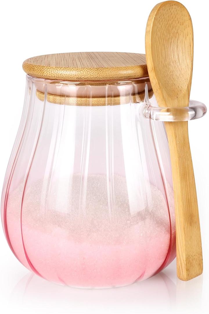 Arrozon 15 oz Pink Sugar Bowl with Bamboo Lid and Spoon,Pink Kitchen Decor and Accessories,Glass Jar with Airtight Lid, Brown Sugar Keeper, Sugar Container for Coffee Bar and office