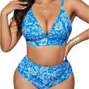 Floerns Women's Plus Size 2 Piece Swimsuits Floral Triangle High Waist Bathing Suit Blue 3XLarge Plus