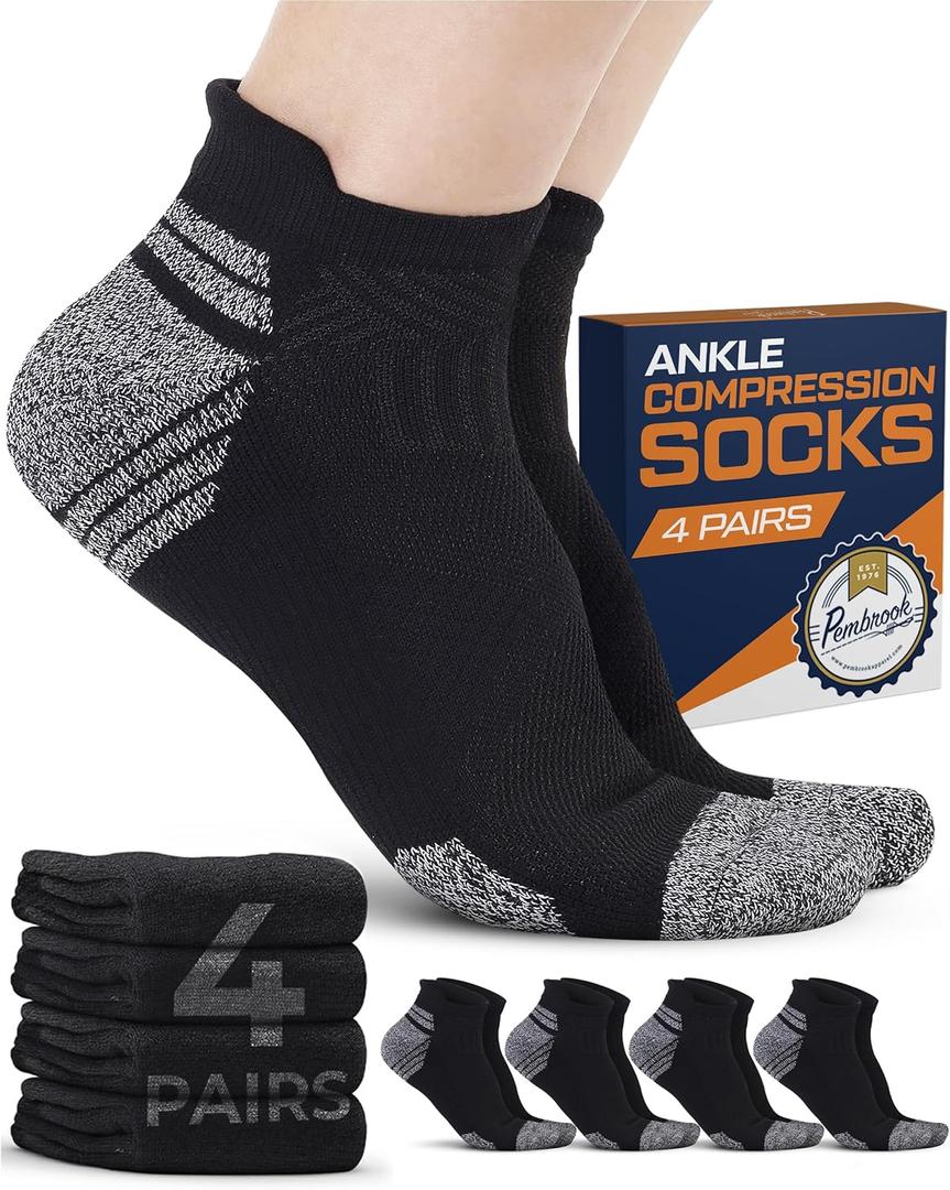 Pembrook Ankle Compression Socks for Women & Men - 4 Pairs | Sports Running Compression Socks | Athletic Ankle Support Socks (Black, L)