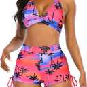 Womens High Waisted Swimsuits with Boy Shorts Brazilian Triangle Top Stripes Halter Bikini Two Piece Bathing Suits, Size: M