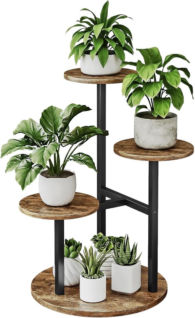 Plant Stand Indoor 4 Tier 5 Potted Multiple Flower Pot Holder for Patio Garden Balcony Living Room Corner (4 Tier Black+Rustic Brown)