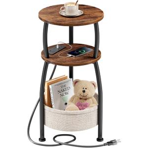 Side Table with Charging Station, Small Round End Table with Basket, USB Port and Outlet, 3 Tiers Sofa Couch Table for Living Room Bedroom, Small Spaces, 11.81in Rustic Brown