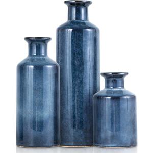 Blue Ceramic Vase Set of 3 Small Vases, Modern Farmhouse for Home Decor Bottles, Rustic Terracotta Vase Decorative Vases for Table,Fireplaces Decor, Bookshelf, Living Room