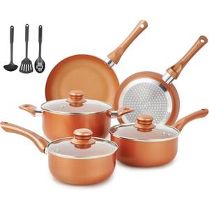 Pots and Pans Set Ultra Nonstick, Pre-Installed 11pcs Cookware Set Copper with Ceramic Coating, Stay cool handle & Nylon Kitchen Utensils, Gas/Induction Compatible, 100% PFOA Free