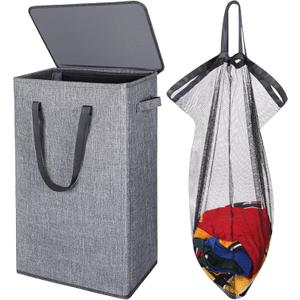 Odonata 75L Slim Laundry Hamper with Lid,Large Foldable Laundry Basket with Removable Bag and Handles Tall Collapsible Dirty Clothes Basket Great for Bedroom, Bathroom, Dorm, College,RV. (Grey, 75L)