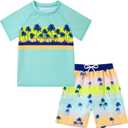 Boys Short Sleeve Rash Guard Swimsuit Set with Swim Trunks for 4-12 Years | Boys Bathing Suits for Swimming, Surfing, Rafting, Kayaking, Diving, Fishing, Waterski, Swim Team, Swim Meets, Lounging, 4-5Y