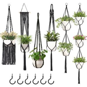 Mkono Macrame Plant Hangers, 6 Pack Indoor Hanging Planters for Plants with 6 Hooks Decorative Hanging Basket Flower Pots Holder Stand in Different Sizes for Modern Home Decor, Black