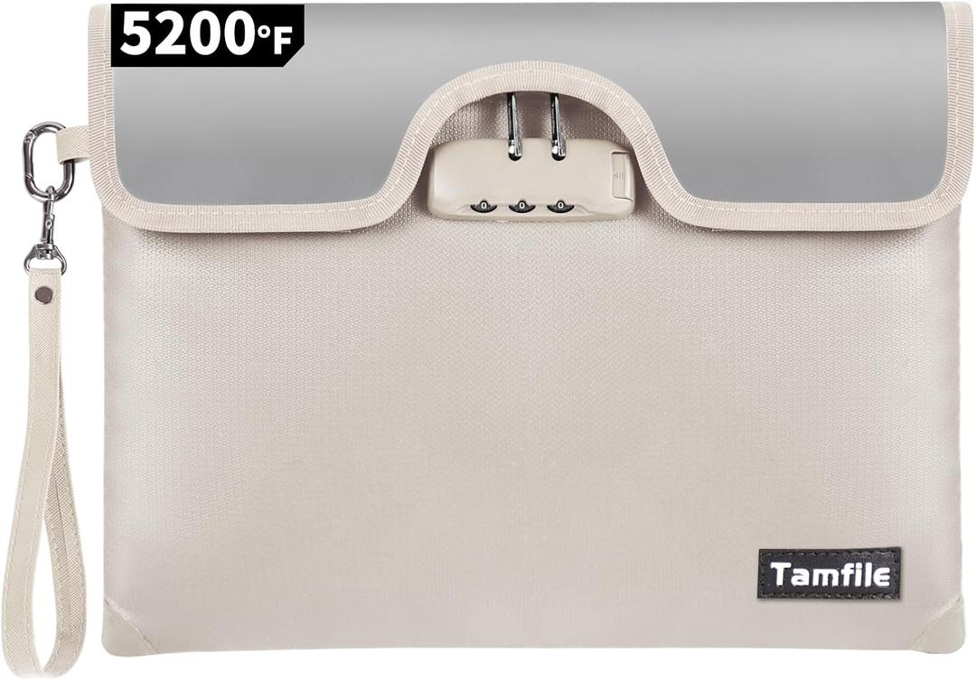 Tamfile 5200 Degree F Fireproof Money Bag with Lock, Water Document Zipper, 8 Layers Fire Insulation, Safe Storage Pouch Lock for Cash, Passport, Certificate(10/inch x 13/inch, Beige)