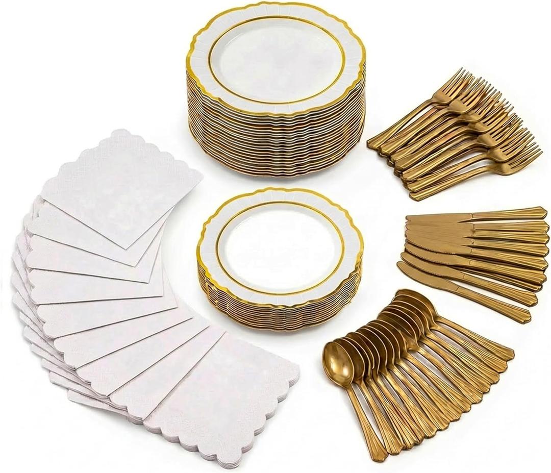 168PCS Gold Party Decorations for 24 Guests - White Paper Plates and Napkins with Gold Rim, Heavy Duty Disposable Dinnerware Set with Plastic Utensils, Forks, Knives, Spoons for Birthday