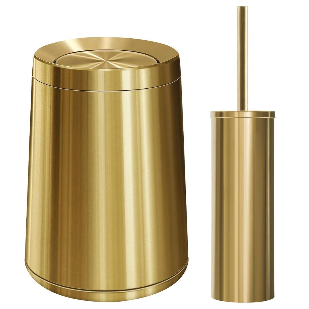 Maxdot 2 Pcs Gold Bathroom Trash Can with Flipping Lid 2.6 Gallon/10 L and Toilet Brush Set, Small Brushed Stainless Steel Garbage Trash Can and Toilet Brush with Holder for Bathroom Bedroom Office