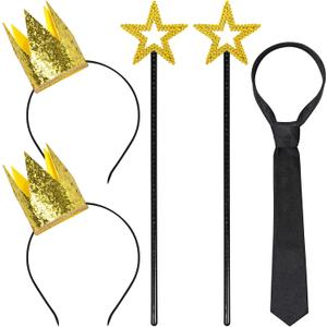 Itscolofy Gold Star Wand and Crown & Tie, Gold Crowns Hats Angel Princess Fairy Costume for Wedding Party Cosplay Couples Halloween Dress Up Accessories