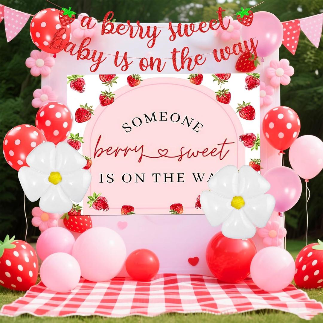 JeVenis Strawberry Baby Shower Decorations Girl Background A Berry Sweet Baby is On The Way Banner Berry Daisy Balloons Photography Backdrop Cake Table Decorations (Red 1)