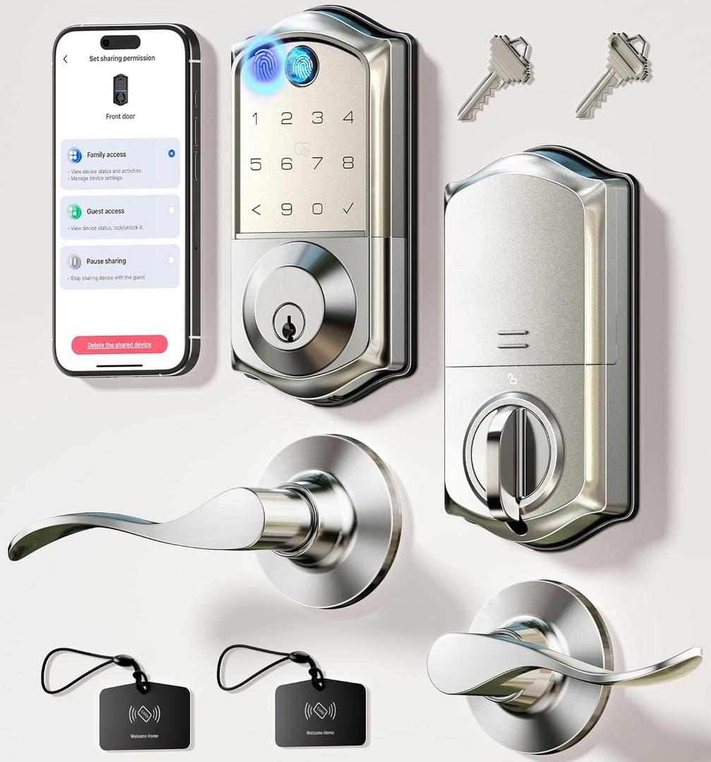 Veise VE017-L Fingerprint Smart Lock with 2 Lever Handles, Keyless Entry Front Door Lock Set, App Control, Electronic Digital Keypad Deadbolt, Easy Installation, Emergency Power Port, Satin Nickel