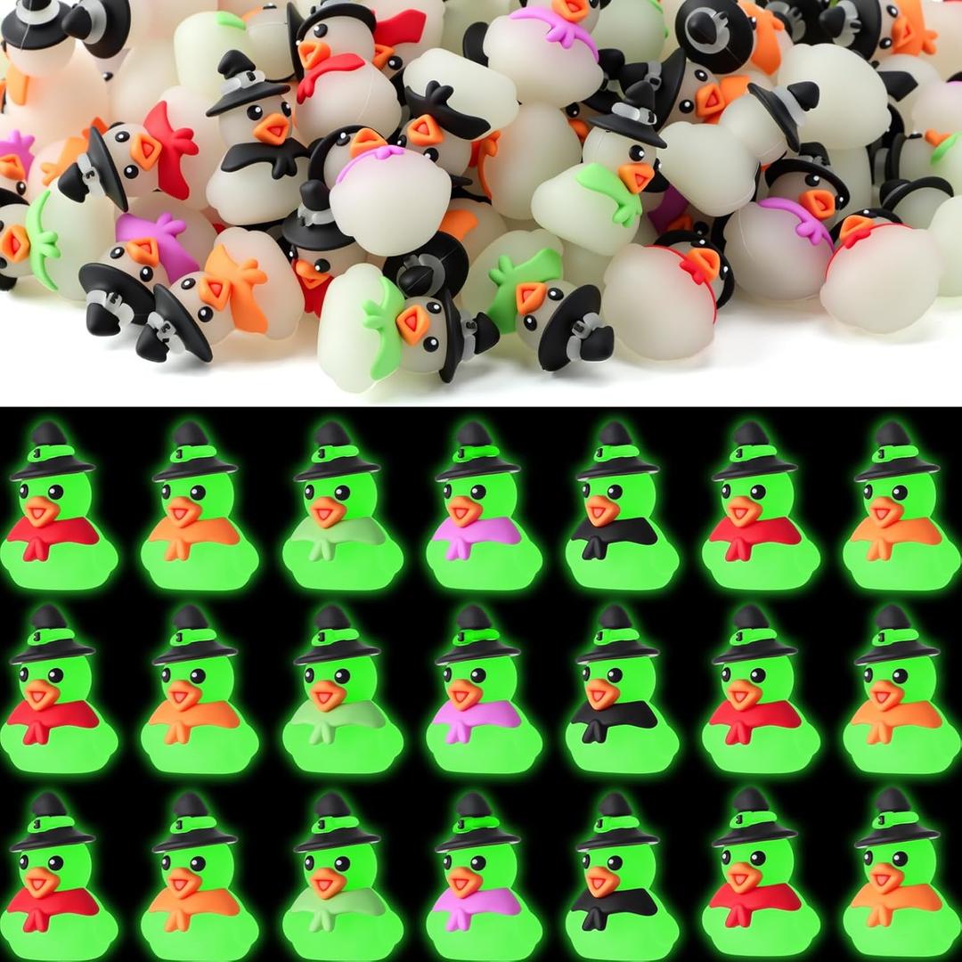 Wesiti 100 Pcs Glow in Dark Halloween Mini Duck Figurines Small Ducking with Hats to Hide and Seek Luminous Ducking Statues for Garden Potted Decoration Party Gifts